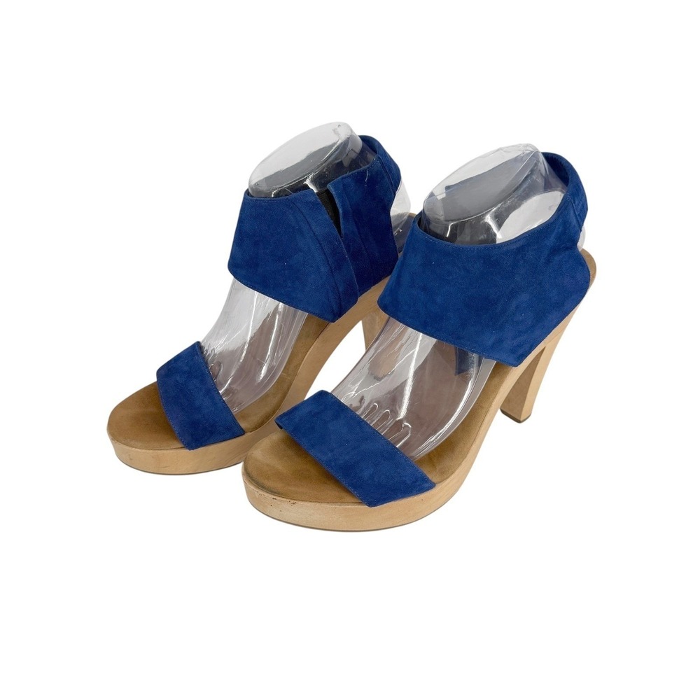 Loeffler Randall Blue Suede Wood Platform Sandals Size 9.5 High Block Heel Retro